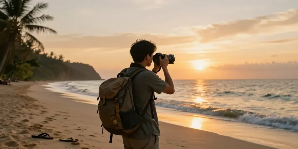 Traveler at a scenic beach capturing sunset moments on https://jago108.com/ with camera, lively atmosphere, vibrant sky.
