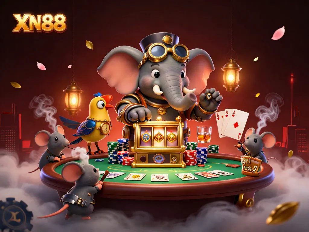 Experience winning excitement at XN88 with a steampunk elephant and gold slot machine illustration.