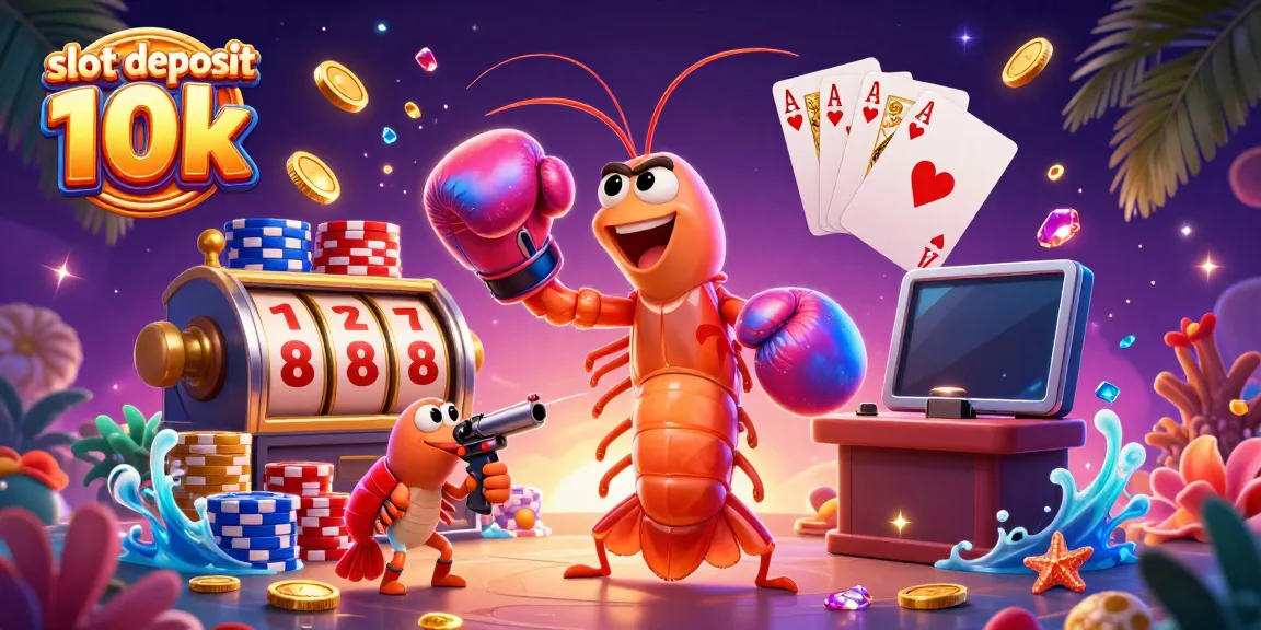 Permainan slot deposit 10k dengan karakter udang mantis dan udang pistol seru, dikelilingi koin emas.