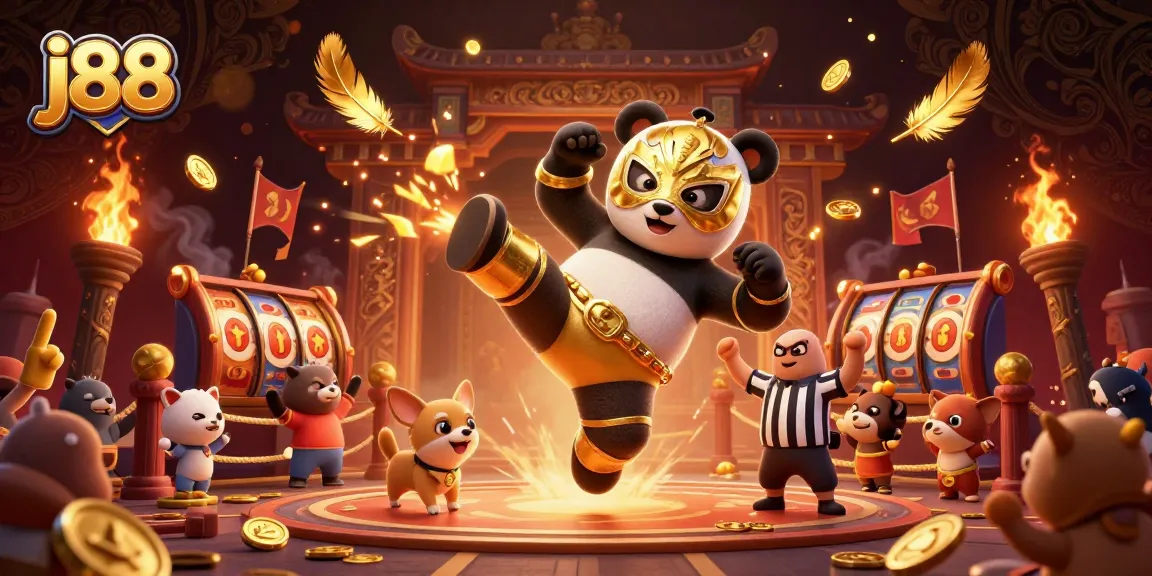 Experience thrilling j88 gaming with a panda wrestler, referee chihuahua, and vibrant casino atmosphere.