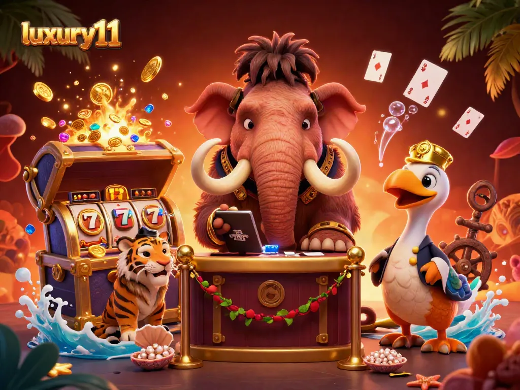 Engage with luxury111 as a woolly mammoth bouncer checks IDs beside VIP guests in a vibrant casino scene.