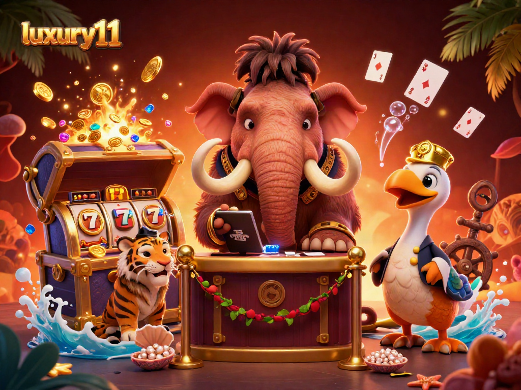 Engage with luxury111 as a woolly mammoth bouncer checks IDs beside VIP guests in a vibrant casino scene.