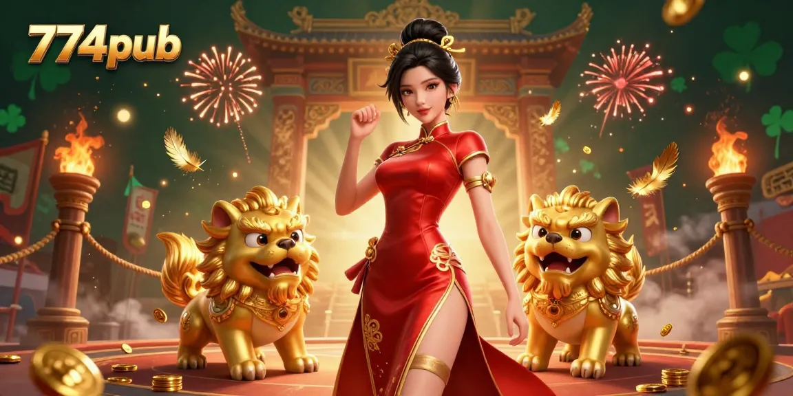 Experience thrilling action at 774pub with a glamorous woman among golden guardians, celebrating captivating wins.