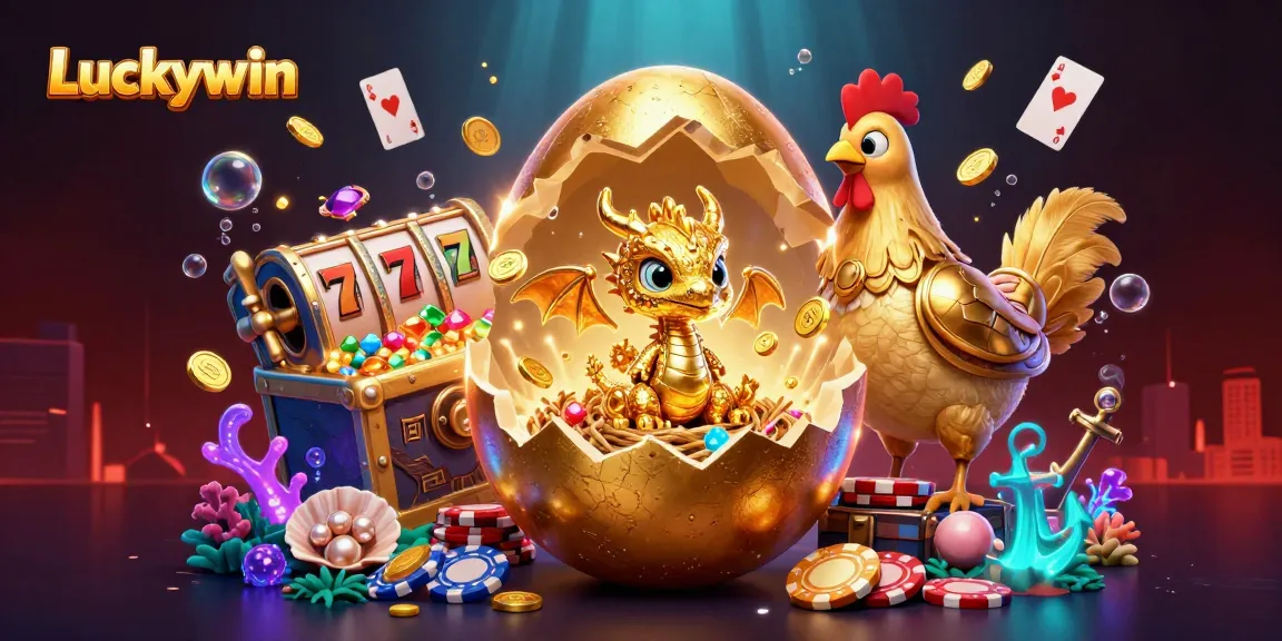 Experience the thrill of Luckywin with a vibrant 3D fantasy scene depicting a golden egg and dragon in a casino.