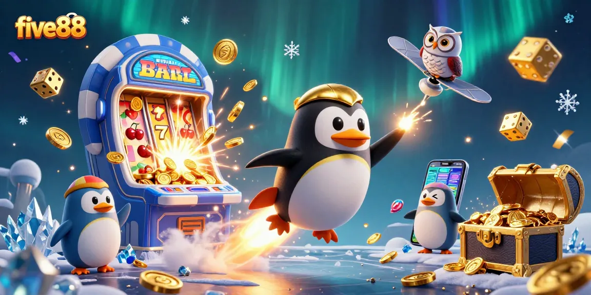 Experience five88's vibrant casino scene with a golden penguin soaring towards a poker chip space station amidst a wild, coin-exploding celebration.