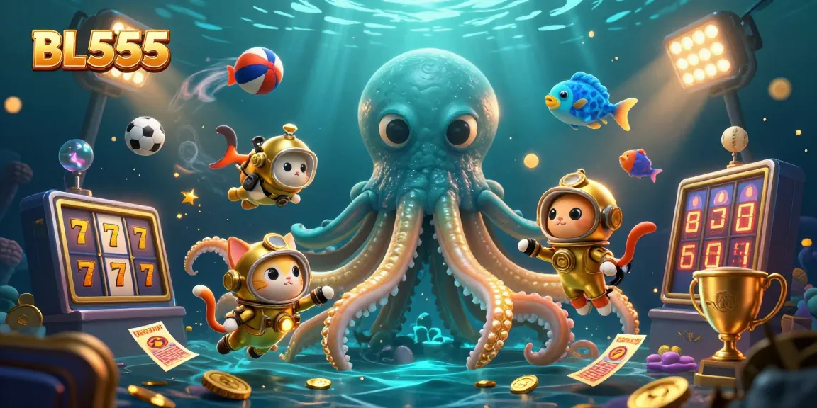BL555 offers a thrilling casino experience as the colossal kraken dominates a treasure-filled scene.