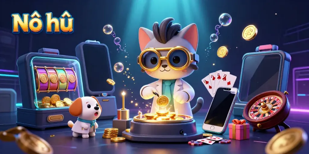 Experience Nổ hũ with an exciting illustration of a cartoon cat and dog in a casino gaming lab.