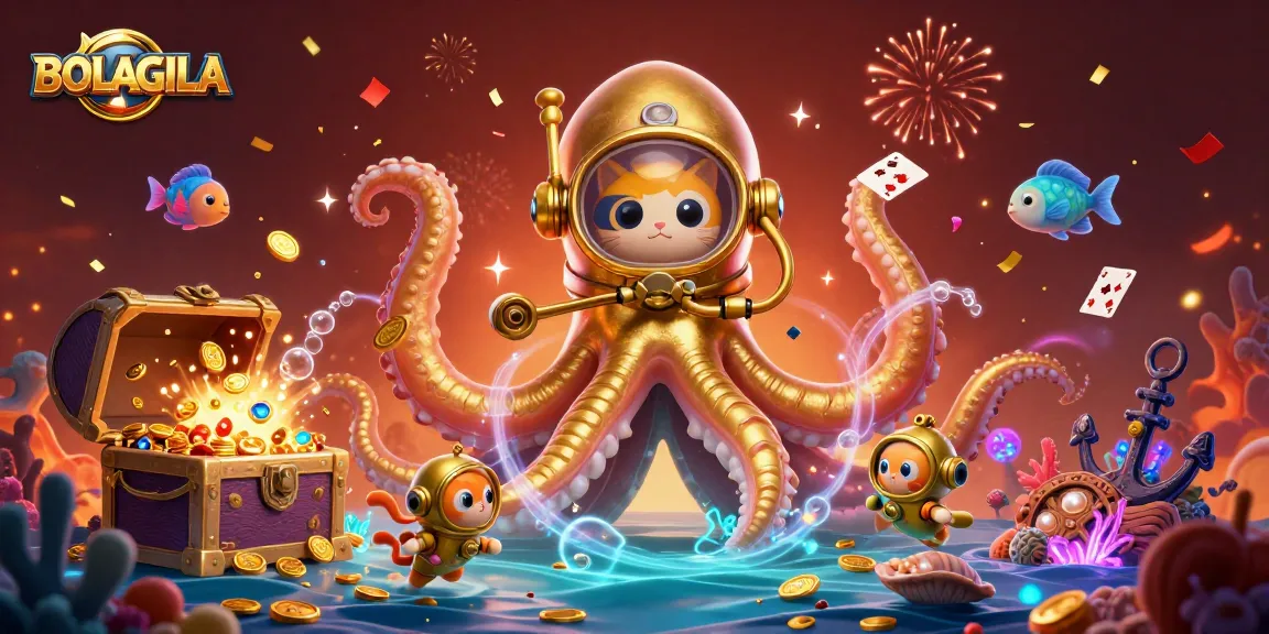 BOLAGILA showcases an epic scene with kraken and diving cat amidst a treasure-filled adventure.