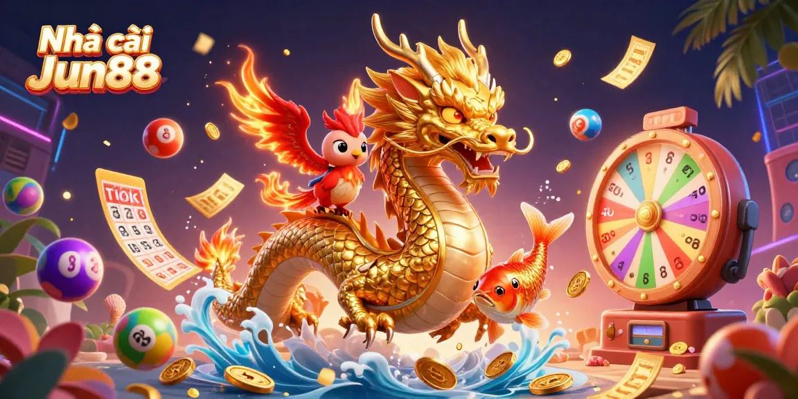 Win big with Nhà cái Jun88 in this vibrant 3D illustration showcasing excitement from lottery and gaming.