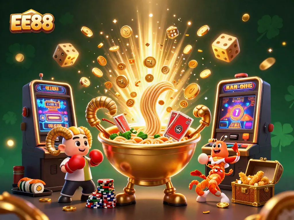 Join the excitement at EE88 with a vibrant 3D scene of diverse characters celebrating casino wins amidst dynamic game elements.