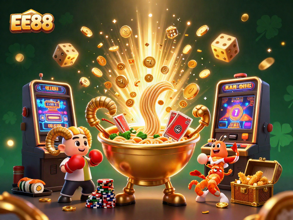 Join the excitement at EE88 with a vibrant 3D scene of diverse characters celebrating casino wins amidst dynamic game elements.