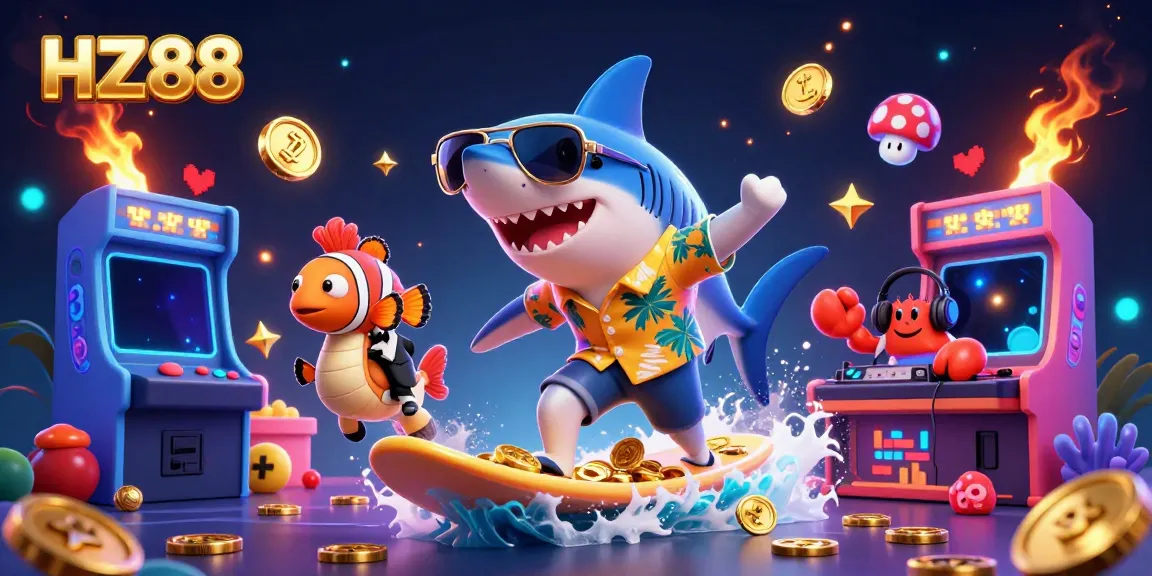 Experience thrilling wins with HZ88 as a hammer-head shark and clownfish enjoy surfing on gold coins.