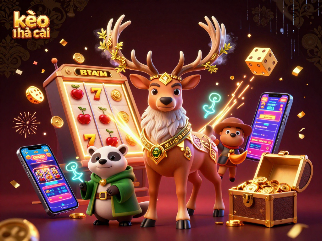Engaging kèo nhà cái scene showcasing a druid stag and wise badger amidst casino jackpots and dynamic game elements.