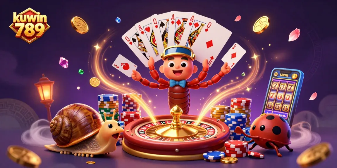 Experience the excitement of kuwin 789 with a vibrant casino scene featuring a millipede dealer and a snail high-roller.