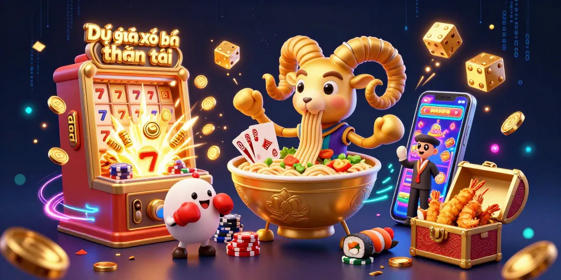 Dự đoán xổ số thần tài illustrates a vibrant casino scene featuring a golden ramen bowl character, vibrant game elements, and energetic lottery theme.