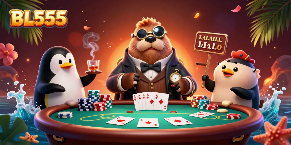 Engage in thrilling poker at BL555 with a jolly walrus, penguin dealer, and bluffing pufferfish.
