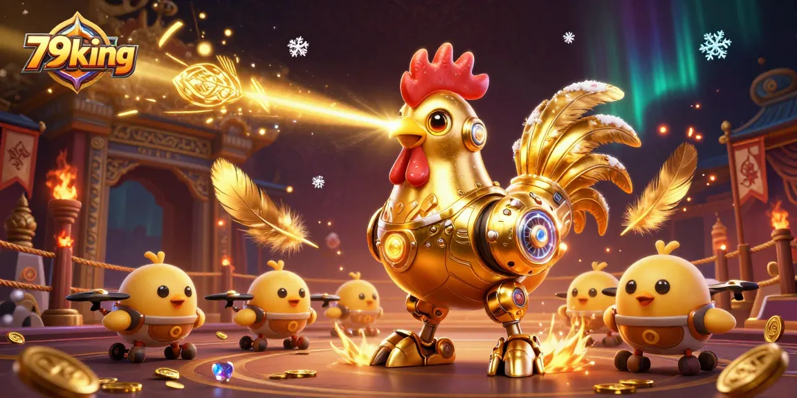 79king showcases a golden rooster robot shooting laser beams in an exciting casino scene.