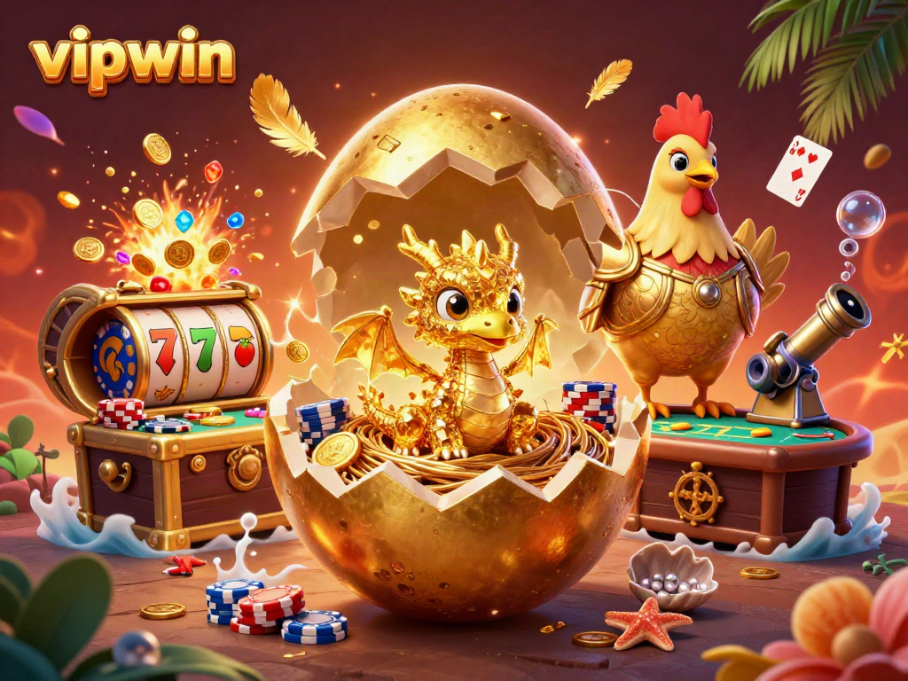 Experience the thrill of vipwin with a baby dragon in a vibrant casino scene bursting with gold and excitement.