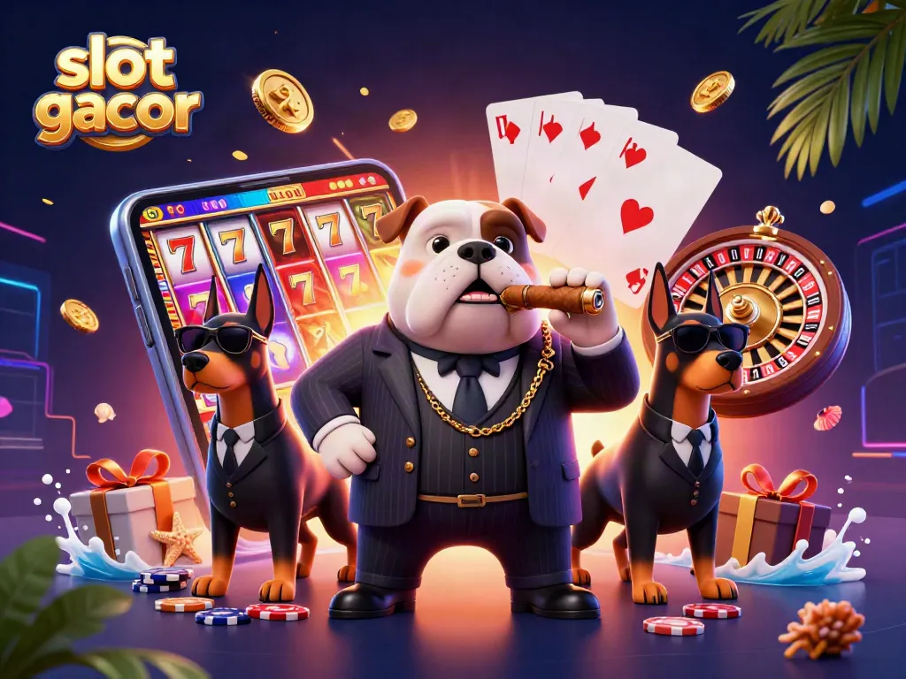 Slot gacor: Ilustrasi 3D menggambarkan bos mafia bulldog dan bodyguard ke dalam suasana kasino yang meriah.