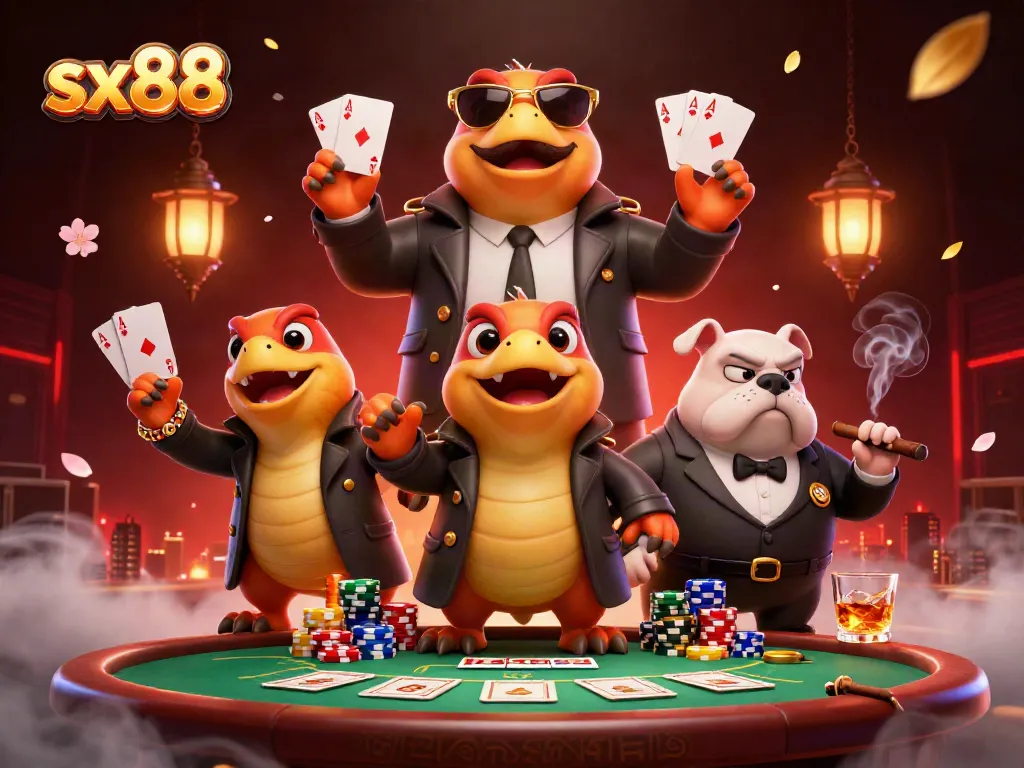 Enhance your gaming experience with sx88 at a lively casino lounge featuring playful raptors.