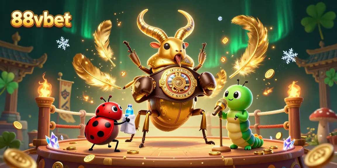 Engage in thrilling bets with 88vbet, showcased by a dynamic illustration featuring a golden stag beetle boxing.