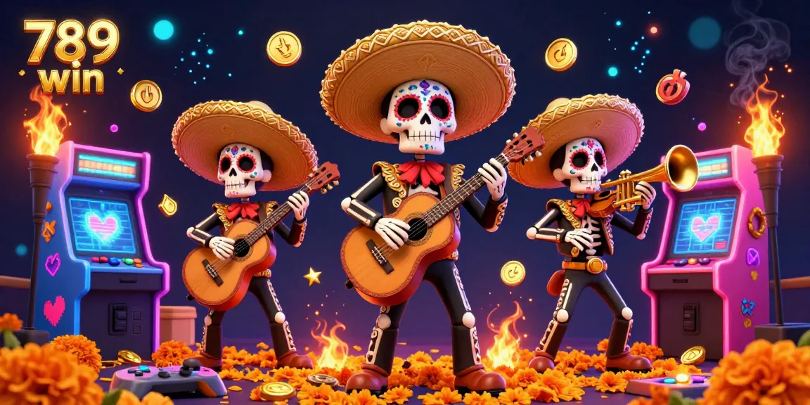 Experience the vibrant energy of 789 win with a Day of the Dead mariachi band surrounded by exciting gaming elements in this lively casino scene.