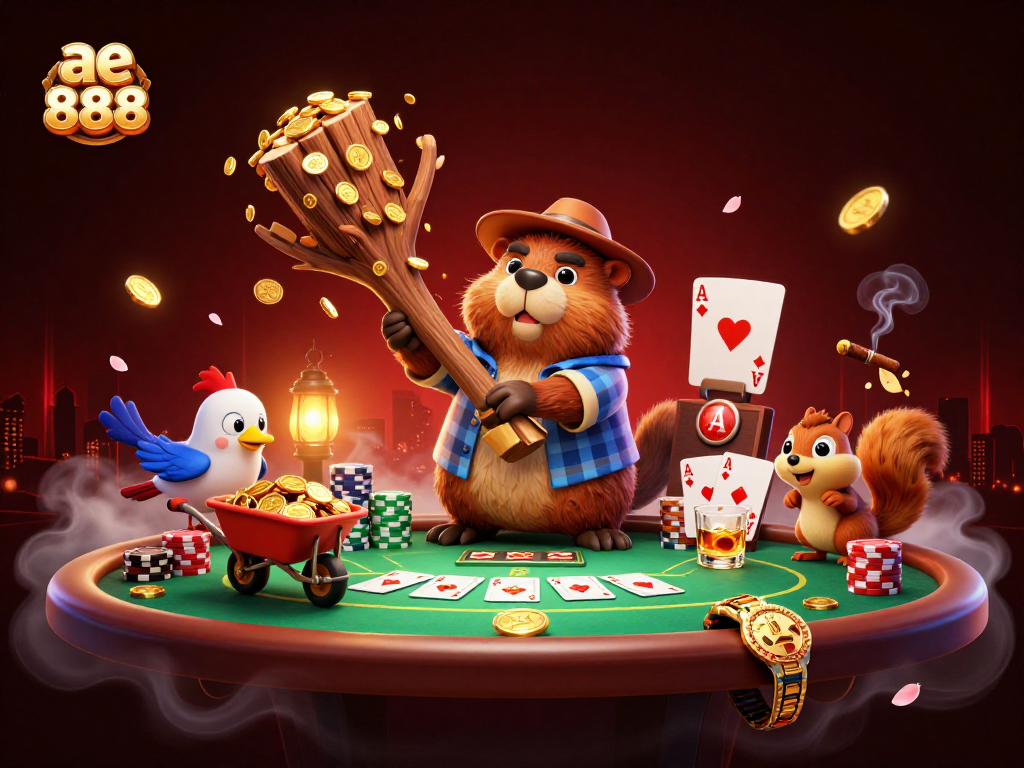 Join the thrilling action at ae 888 with a lively casino scene showcasing poker chips and vibrant characters.