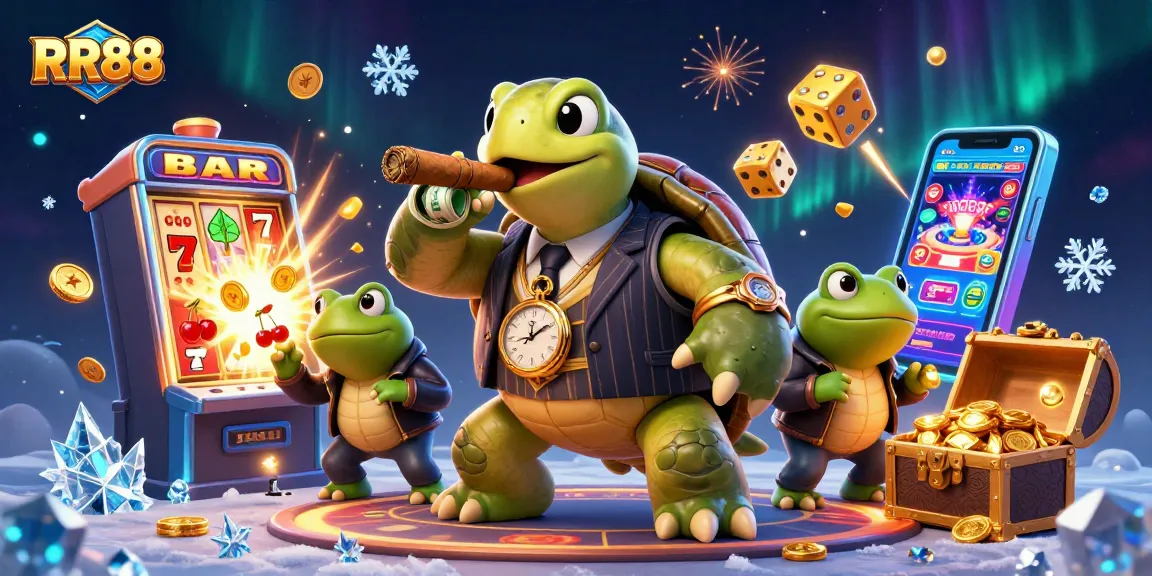 RR88's vibrant casino scene bursts with action featuring a turtle mobster and froggy enforcers.