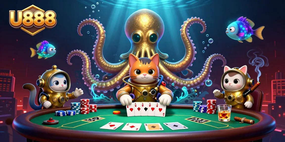 Engage with thrilling U888 gaming experience featuring a kraken and vintage diving cat.
