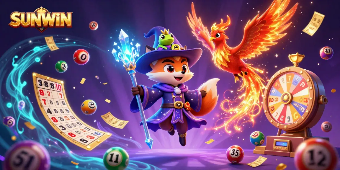 SUNWIN captivates with a vivid 3D casino scene featuring a wizard fox, phoenix, and vibrant lottery elements in action.