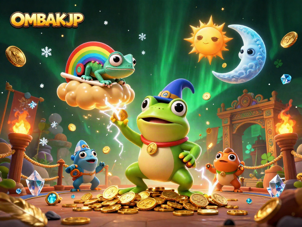 The whimsical OMBAKJP casino scene showcases a frog wizard, chameleon, and dynamic gambling elements amid golden coins.