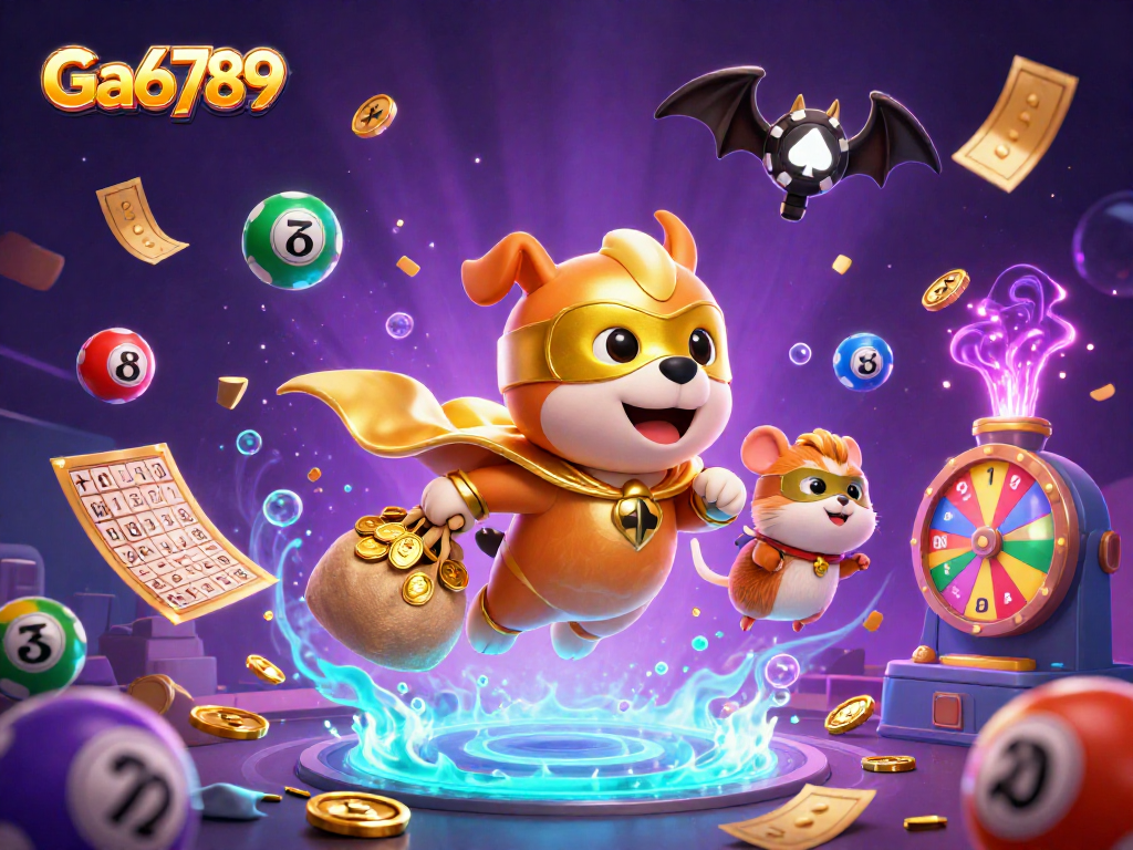 Engage at Ga6789 with a vibrant 3D cartoon scene of a superhero dog and hamster amidst dynamic gambling elements.