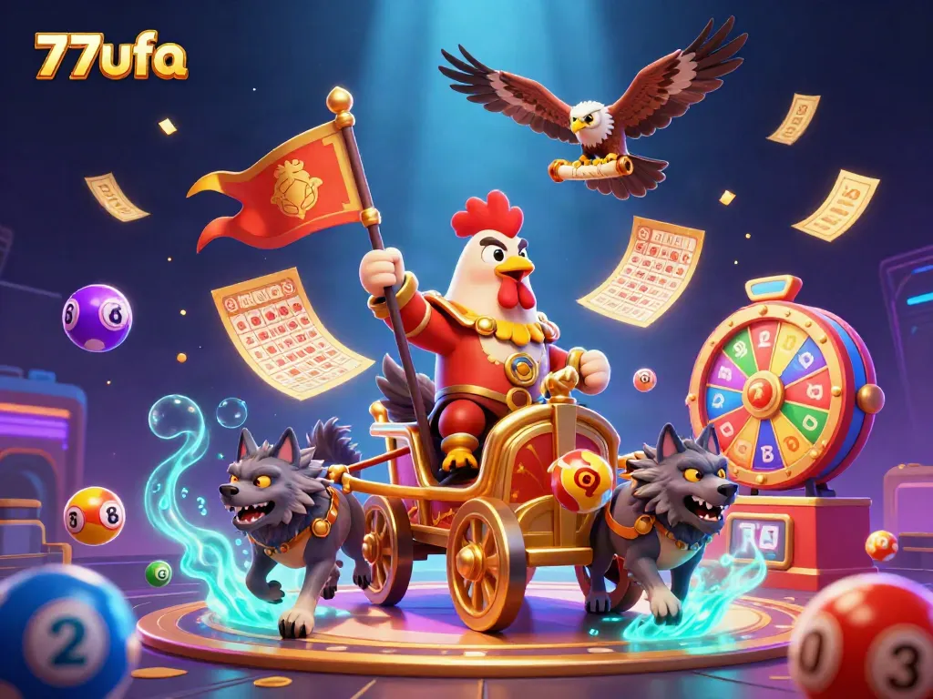 Experience excitement with 77ufa's dynamic scene featuring a rooster warlord and thrilling casino elements.