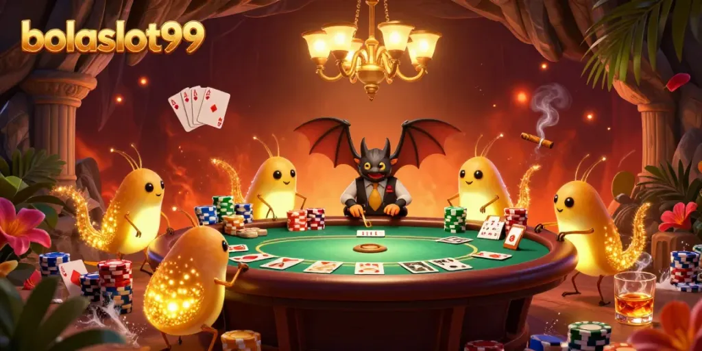 Experience the excitement of bolaslot99 with glowworms lighting a vibrant cave casino scene, featuring a poker game setting.