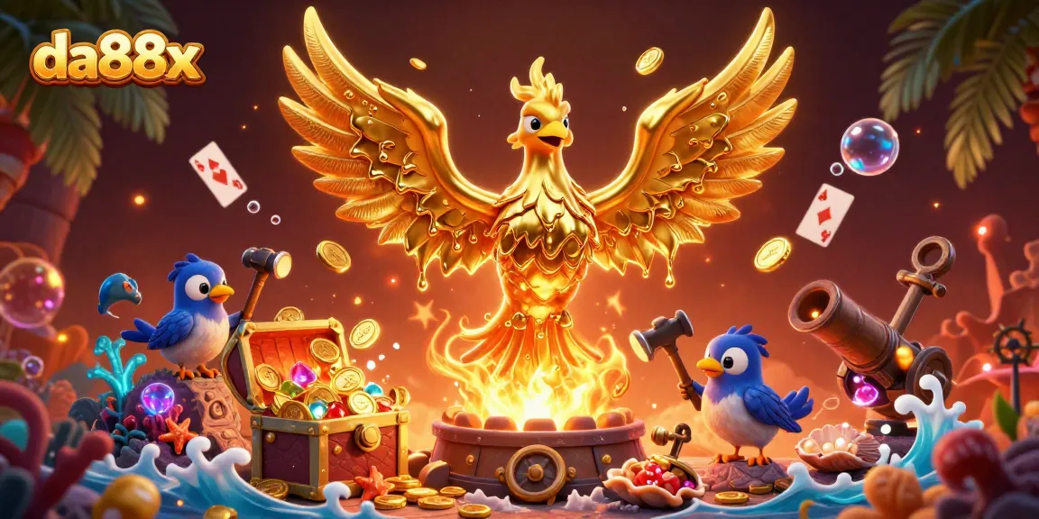 Experience the thrill of winning at da88x with molten gold coins and vibrant casino elements surrounding a phoenix.