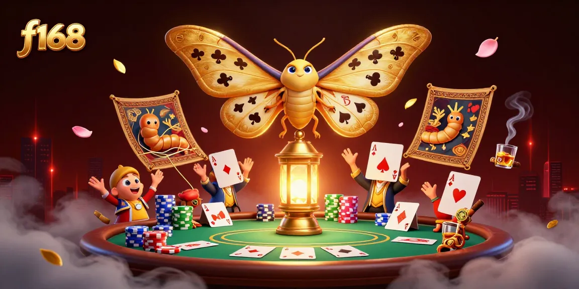 Experience excitement with f168's vibrant casino atmosphere featuring a majestic moth and poker elements.