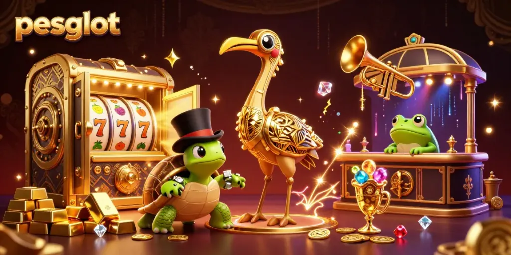 Visualisasi pesgslot penuh warna dengan karakter unik di bar speakeasy dan elemen permainan slot.
