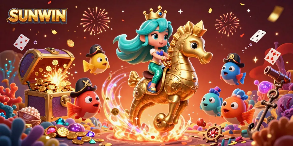 SUNWIN casino scene with a mermaid and seahorse amidst underwater treasures, highlighting vibrant gambling elements.