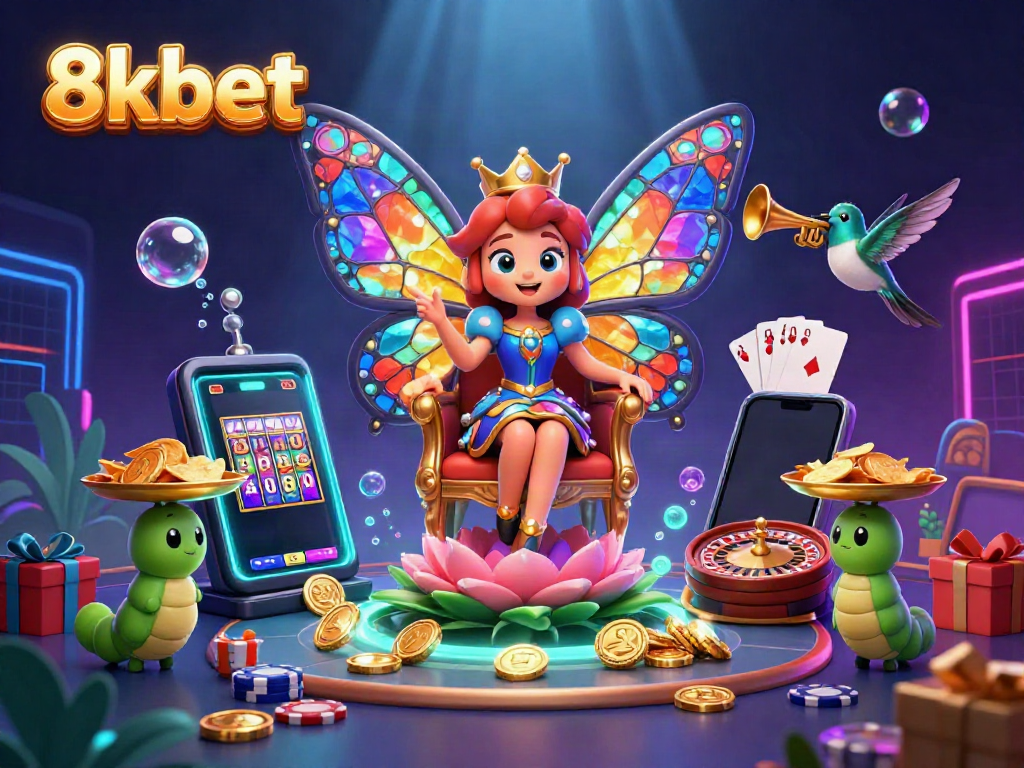 Engage in thrilling online games with 8kbet's vibrant 3D casino illustration showcasing animated characters and gambling elements.