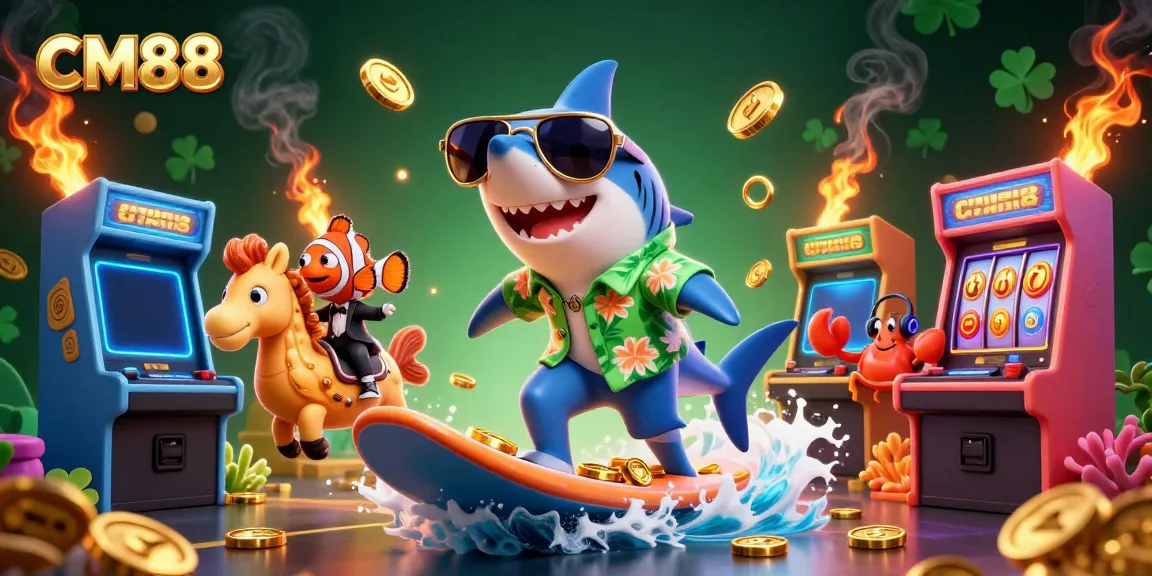 CM88 showcases a lively scene of a hammer-head shark surfing on coins, capturing the essence of a dynamic online casino experience.