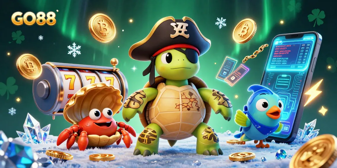 Experience the excitement of GO88 with a dynamic illustration of a cartoon turtle and vivid casino elements.