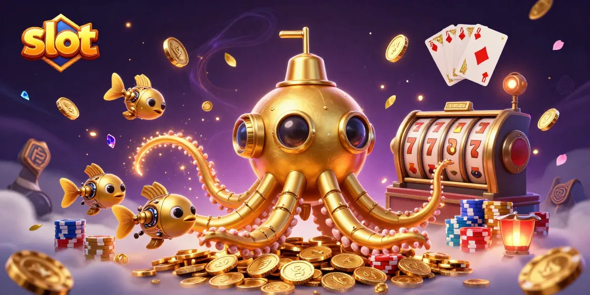 Mainkan slot di dunia kemenangan dengan kraken emas dan koin yang berkilauan.