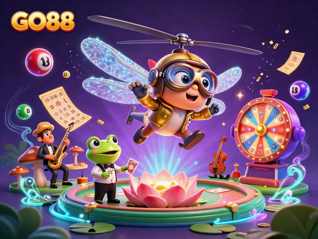 Experience GO88 excitement with a vibrant, dynamic casino scene featuring a dragonfly pilot and frog croupier.
