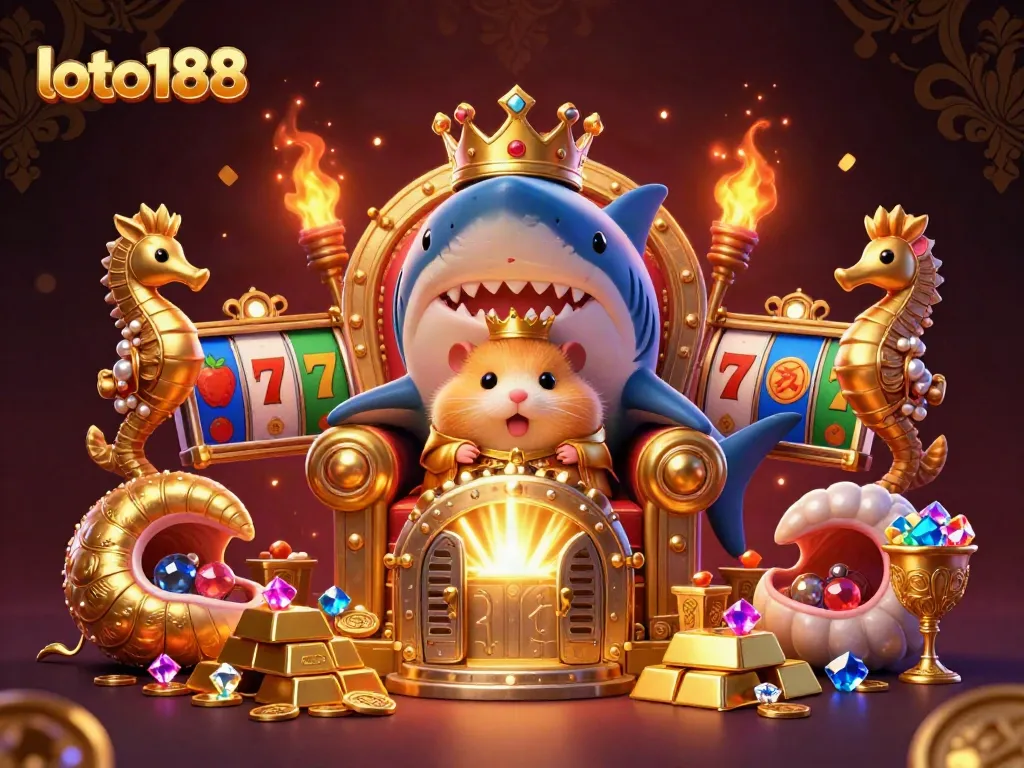 Engage in thrilling loto188 gameplay with a vibrant 3D cartoon scene featuring a golden hamster king and slot machine elements.