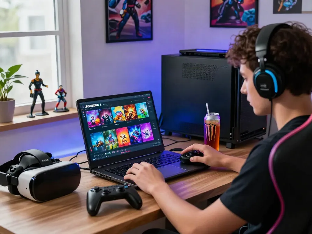 Pengguna Javaslot bermain game online di laptop dengan suasana modern.