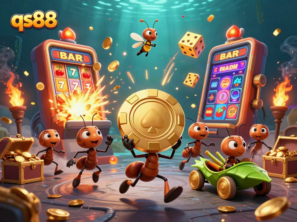 Engage in thrilling gameplay at qs88 with ants carrying a massive poker chip amidst chances for a jackpot explosion.