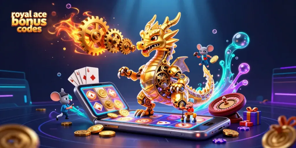 Play with royal ace bonus codes in a dynamic casino scene featuring a golden dragon and slot games.