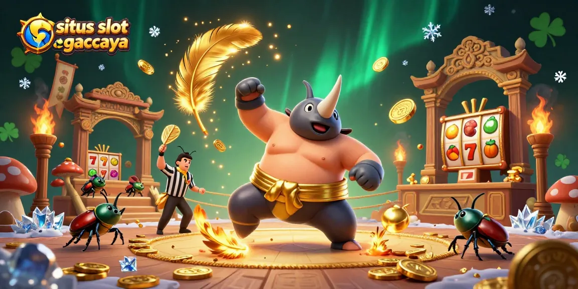 Experience the excitement of situs slot gacor terpercaya with a dynamic 3D scene featuring a rhinoceros beetle sumo champion and lucky symbols.