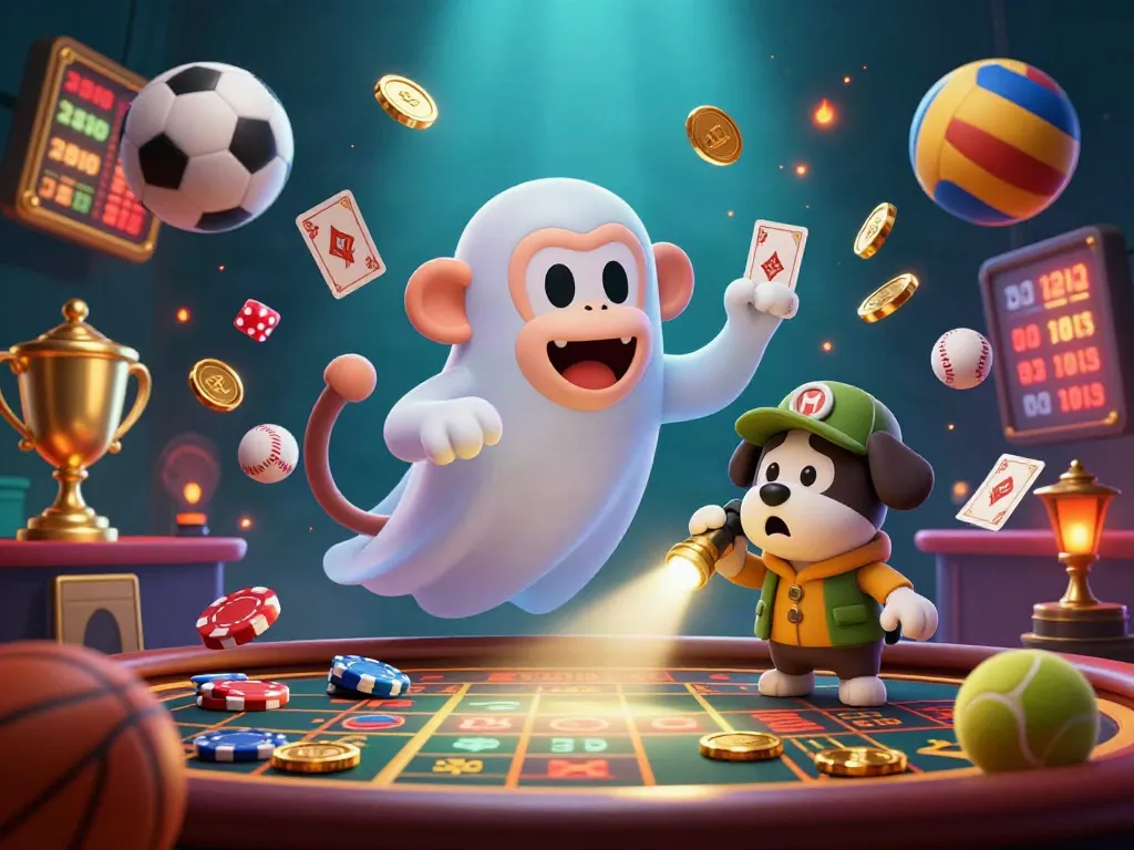 Experience the thrilling game atmosphere at dn88plus with playful characters in a bustling casino scene.