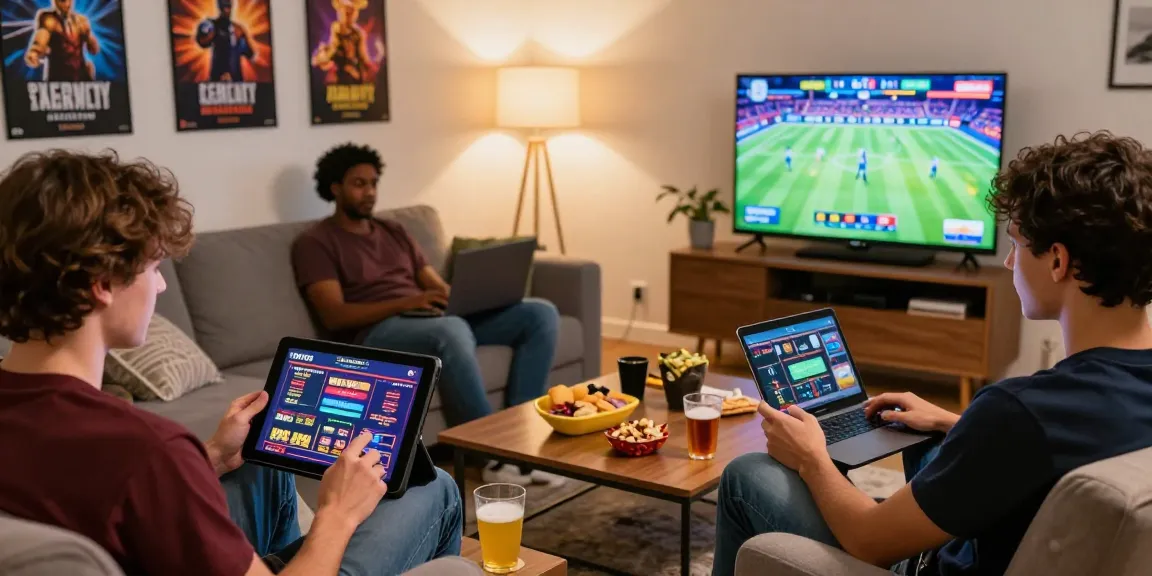 Engaging diverse players enjoying online casinos Australia in a cozy living room, highlighting social gaming atmosphere.